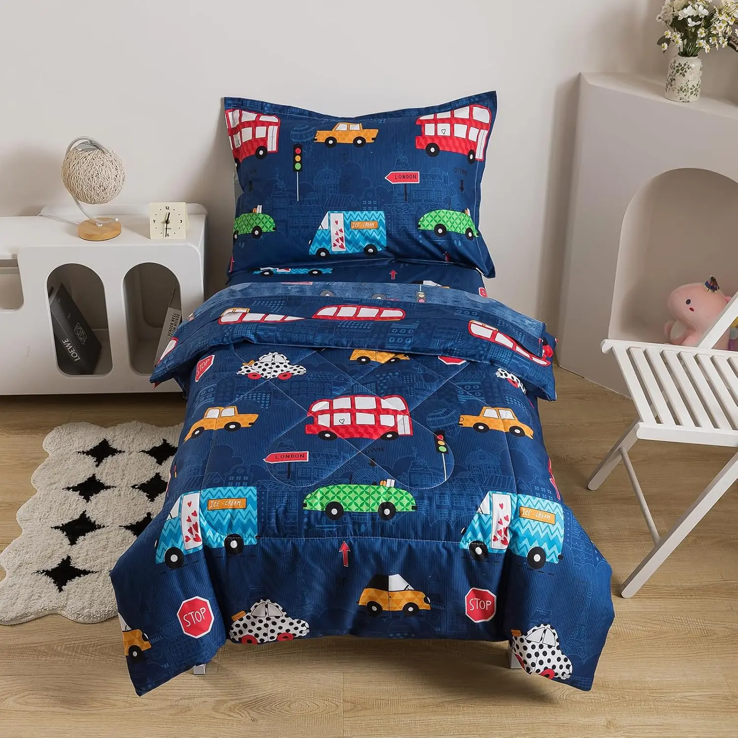 Navy Toddler Bedding Set, 4 Pieces Boys Comforter with Car Print | Microfiber Kids Comforter with Cars,Buses & Traffic Lights Pattern, Includes Comforter, Fitted Sheet, Flat Sheet & Pillowcase