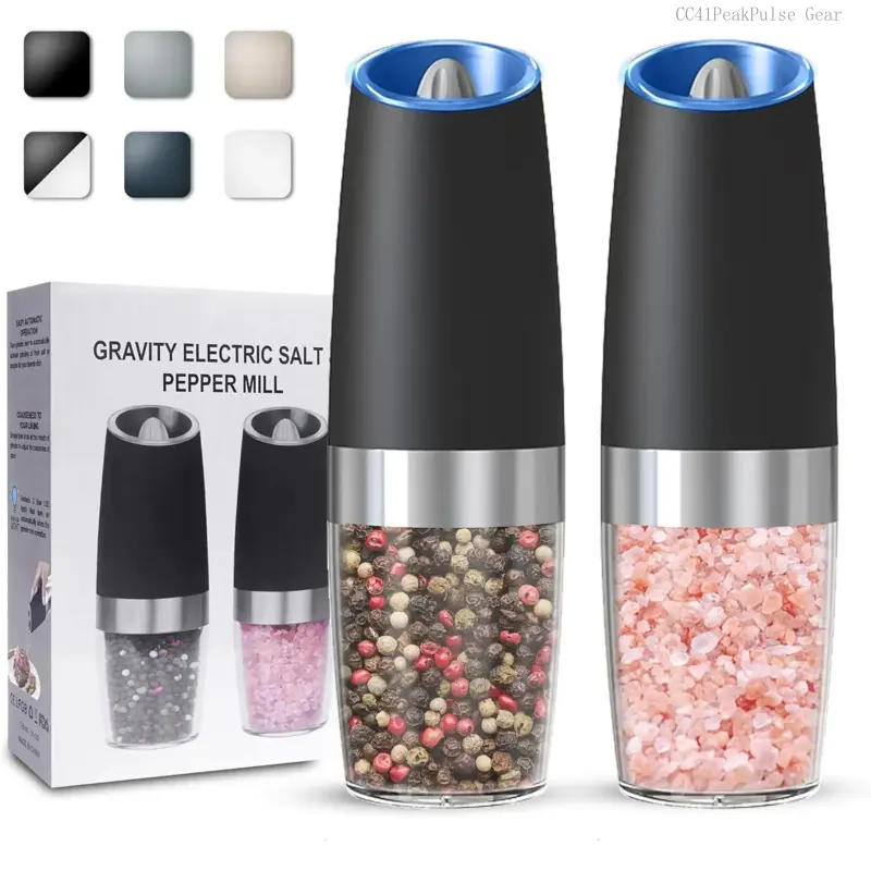 Gravity Electric Salt and Pepper Grinder set of 2, Automatic Salt And Pepper Grinder Set, Adjustable Roughness, Battery Powered, LED Light, 2 Pack,CC41PeakPulse Gear
