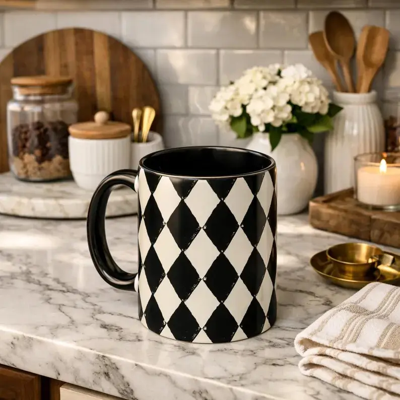 Black and White Checkered Coffee Mug Checkerboard Tea Cup 11oz 15oz Gift for Best Friend