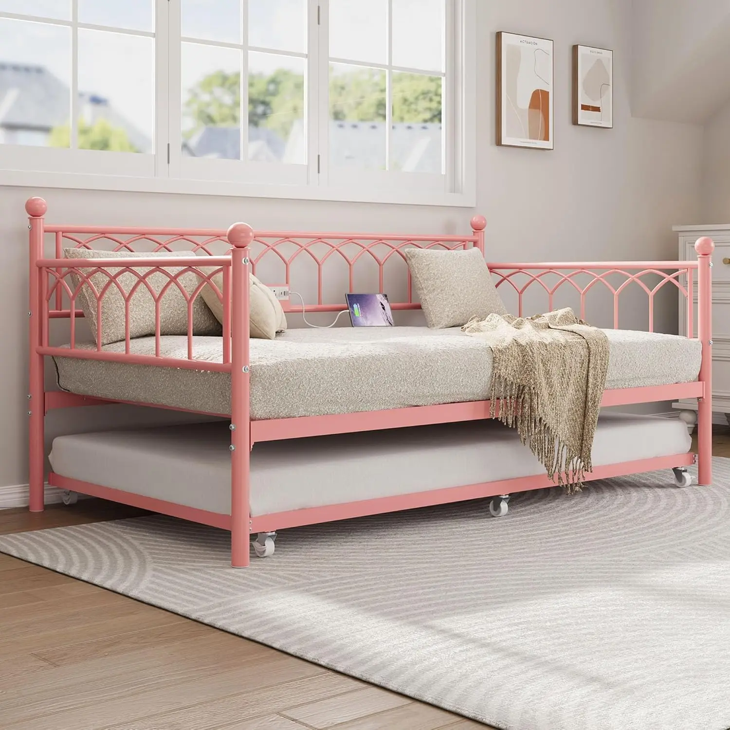 Heavy Duty Metal Twin Daybed with Pull-Out Trundle, Built-in Charging Station & LED Lights, Space-Saving Sofa Bed Frame for Living Room, Bedroom, Guest Room, Apartment, Available in Multiple Colors