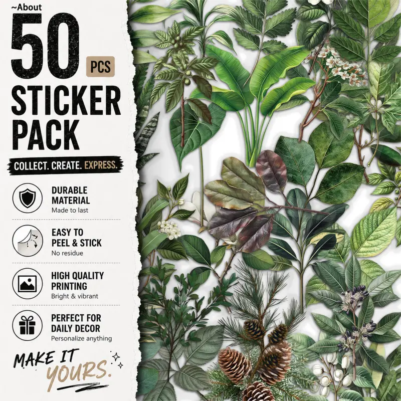 50PCS Green plant leaves Aesthetic Vinyl Stickers Pack for Laptop Water Bottle Phone Case Skateboard Journal Scrapbook DIY Decoration