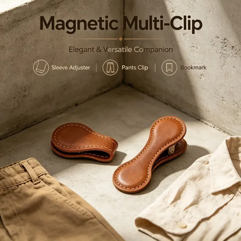 2 Pack Leather Magnetic Clips, Vintage Style, Multi use for sleeves, pants and bookmarks for office workers, readers and casual wear lovers