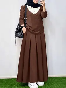ZANZEA Women's Collared Long Sleeve Colorblock Half-Open Vest + Waistband Ruched Skirt Set, Two-Piece with Pockets, Fashionable Ensemble, Matching Set