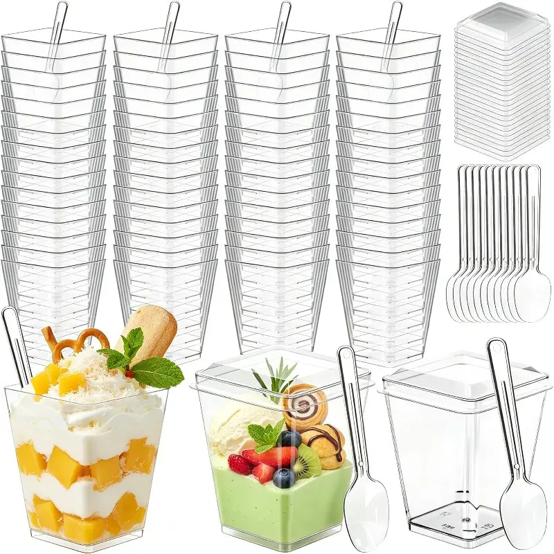 50-Pack Thickened Clear Square Dessert Cups Set, Plastic Party Cups, with Lids & Spoons, Stackable Design, Ideal for Yogurt, Ice Cream, Mousse, Pudding, Party Essentials