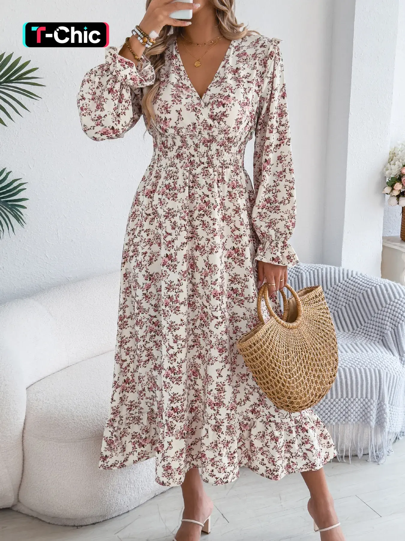 Women's Ditsy Floral Print V Neck Long Sleeve Dress, Casual Boho Bohemian Dress for Fall & Winter, Women's Clothing for Daily Wear, Boho Dresses
