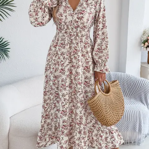 Women's Ditsy Floral Print V Neck Long Sleeve Dress, Casual Boho Bohemian Dress for Fall & Winter, Women's Clothing for Daily Wear, Boho Dresses