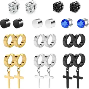 11 Pairs Clip-On Magnetic Earrings, Cross Hoop Style for Men & Women