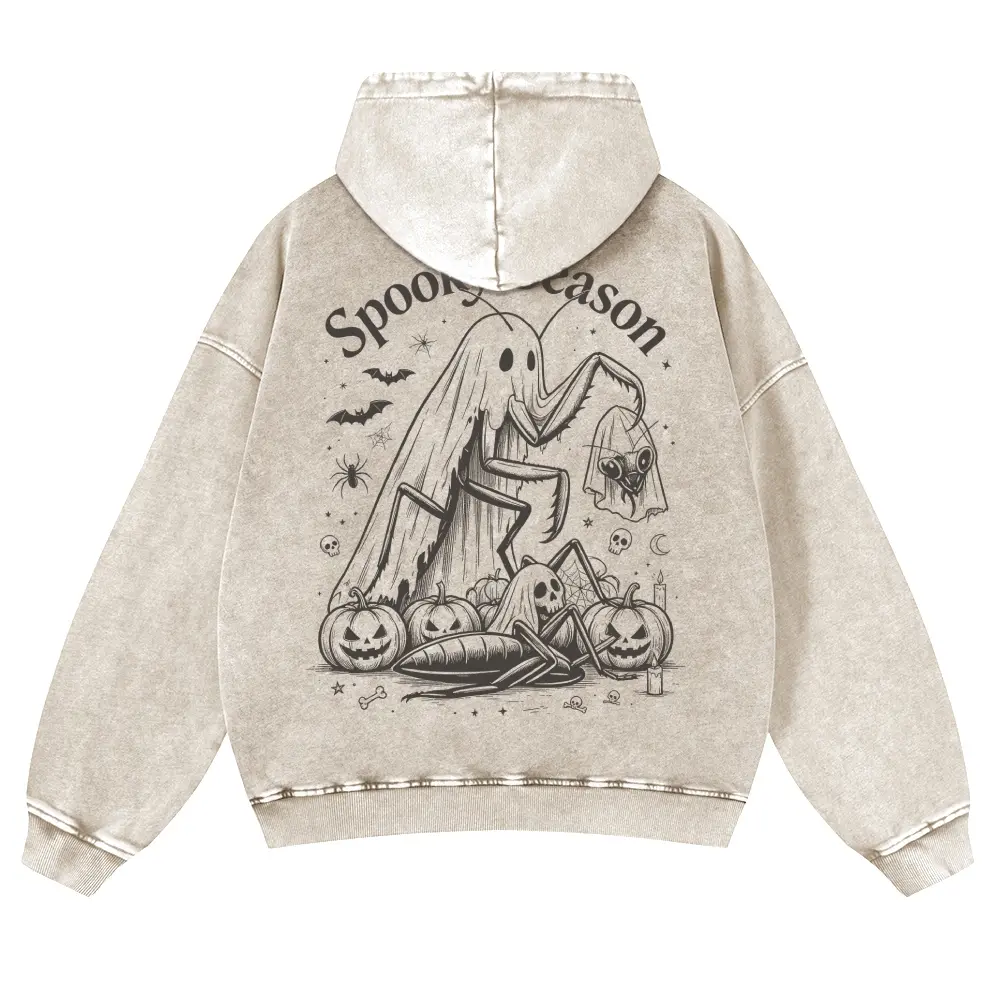 Men's 380g Vintage Washed Cotton Hoodie - Halloween Gothic Streetwear Aesthetic, Spooky Season Ghost Mantis Pumpkin Back Print, Casual Long Sleeve Tops, Spring Fit Compatible with Jeans