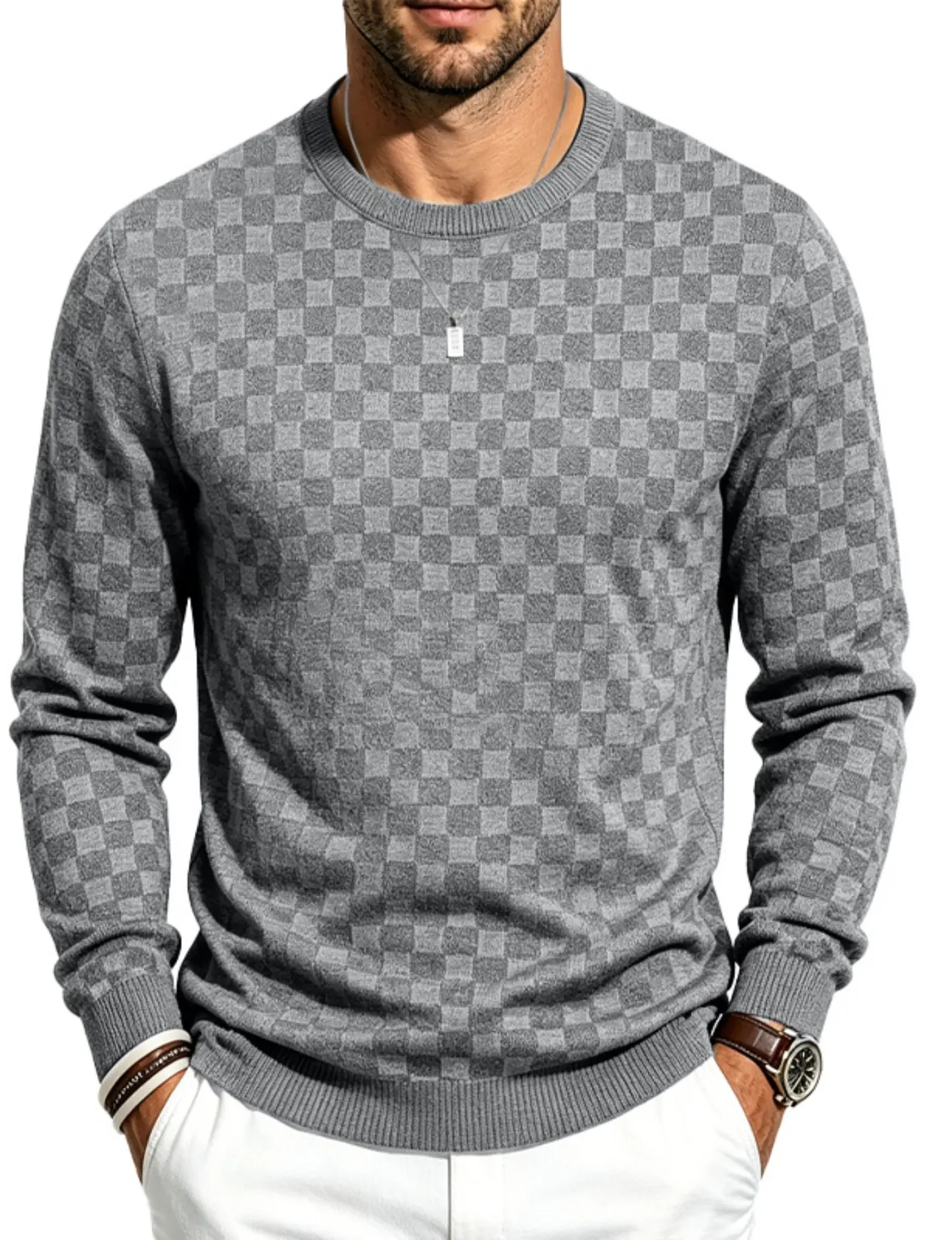 Men's Checkerboard Knit Sweater, Classic Round Neck Long Sleeve, Soft Fabric, Slim Fit, Casual Business Wear, Spring & Fall Outerwear, Winter Layering