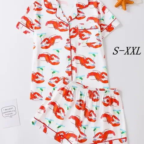 Women's Lobster Print Shirt & Elastic Waist Shorts Pyjama, Casual Comfy Short Sleeve Collared Button Top & Shorts PJ Set, Ladies Sleepwear for Summer, Loungewear, Pajamas Sets