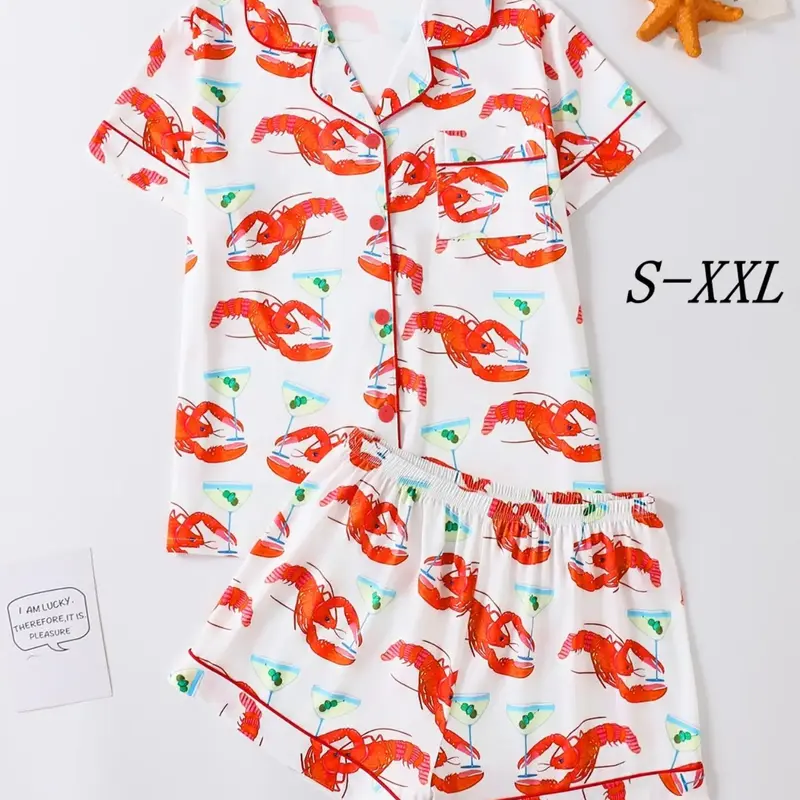 Women's Lobster Print Shirt & Elastic Waist Shorts Pyjama, Casual Comfy Short Sleeve Collared Button Top & Shorts PJ Set, Ladies Sleepwear for Summer, Loungewear, Pajamas Sets