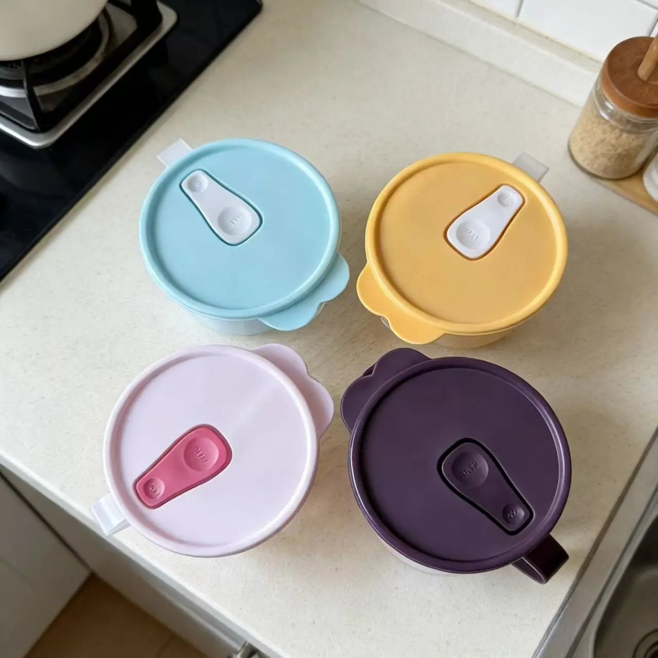 4-Piece Microwave Safe Bowls with Handles, Food Storage Bowls, Oatmeal Bowls, Lunch Boxes, Airtight Containers, Kitchen Accessories