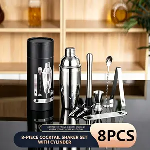 8 Piece Cocktail Mixing Tools Set, Stainless Steel Barware Kit, Bartending Kit, Round Bucket Shaker, Essential Bartender Accessories, Perfect for Home & Professional Use