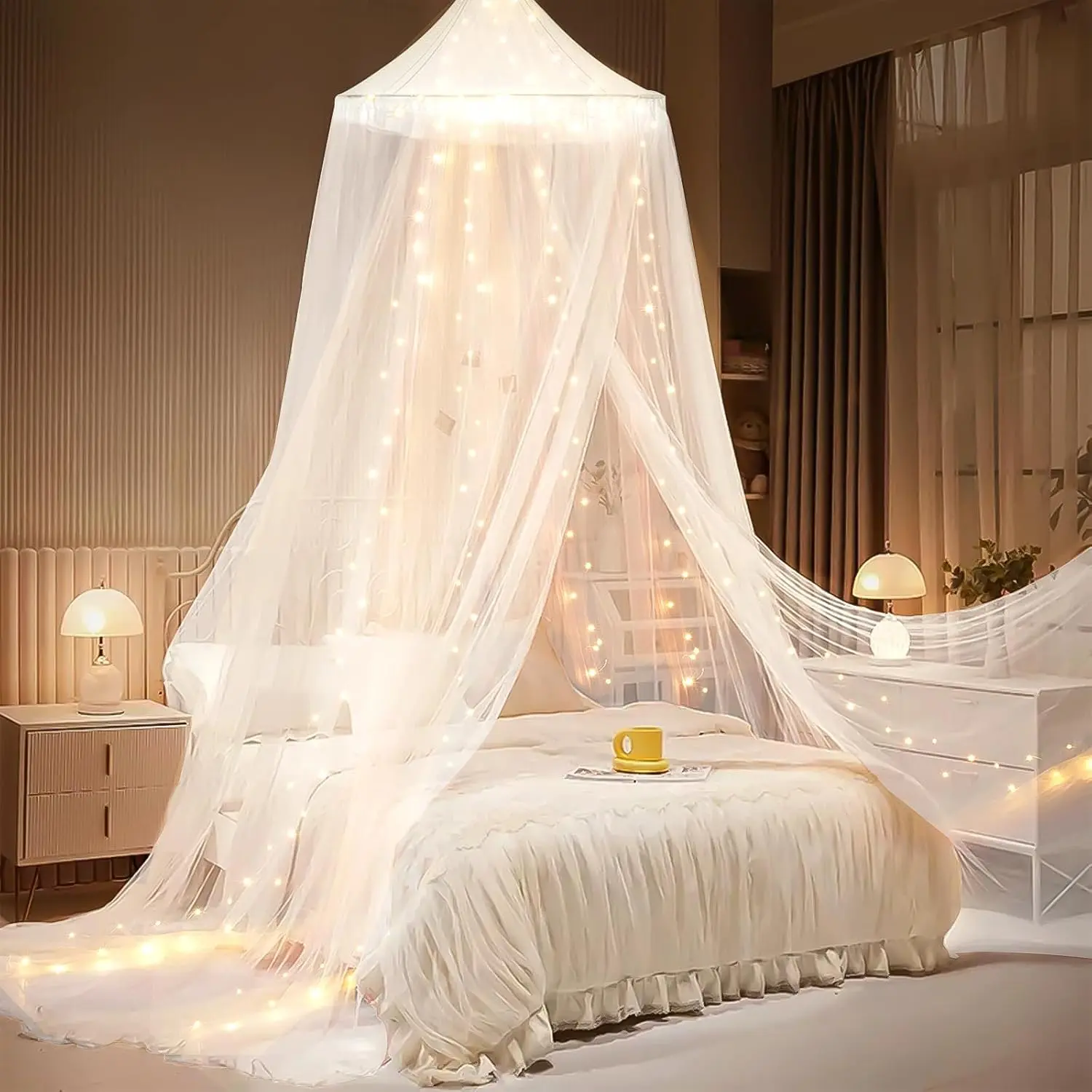 White Princess Bed Canopy with Luminous Star Lights, Canopy Bed Curtains for Twin Size Bed, Suitable for Baby Kids Adult Indoor Bedroom Reading Nook Outdoor Camping Decor