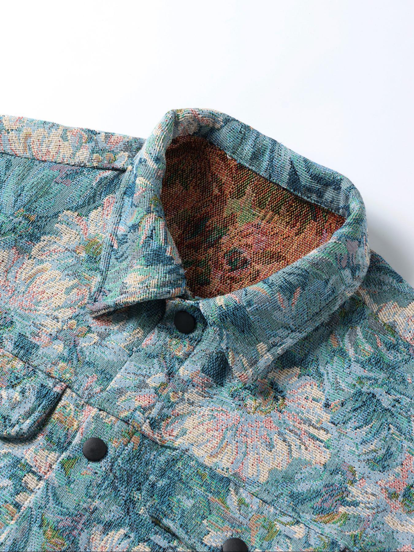 Men's Floral Print Button Front Jacket, Regular Fit Casual Long Sleeve Collared Outerwear for Fall & Winter, Men's Clothes for Daily Wear, Fashion Fit Jacket