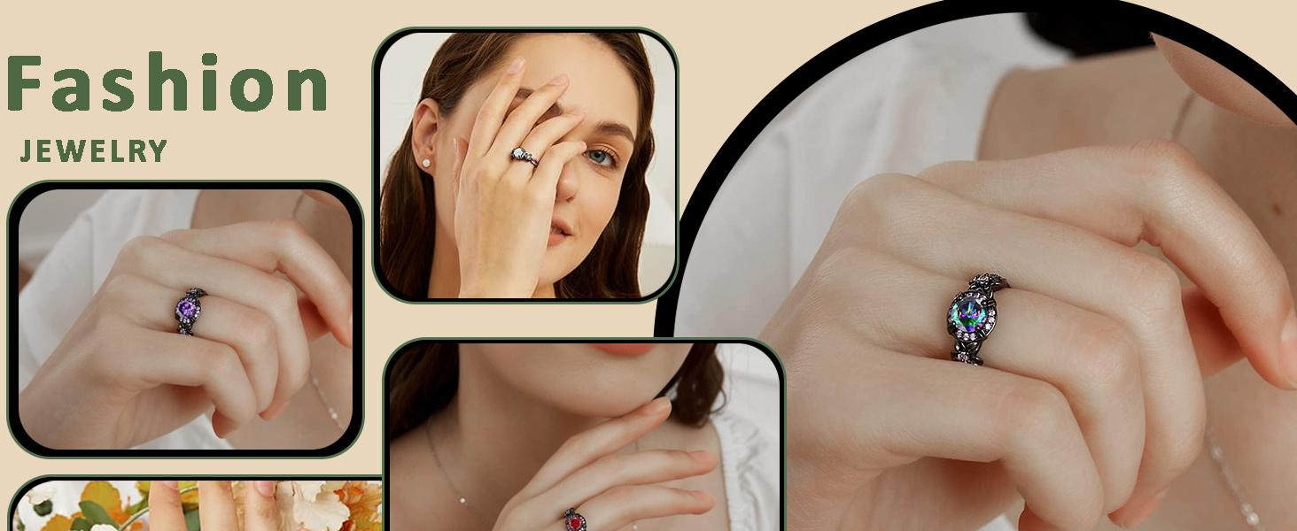 Ring for Women,18K Black Gold Plated Created Opal/Mystic Topaz/Amethyst Garnet Wedding Engagement Promise Rings Band