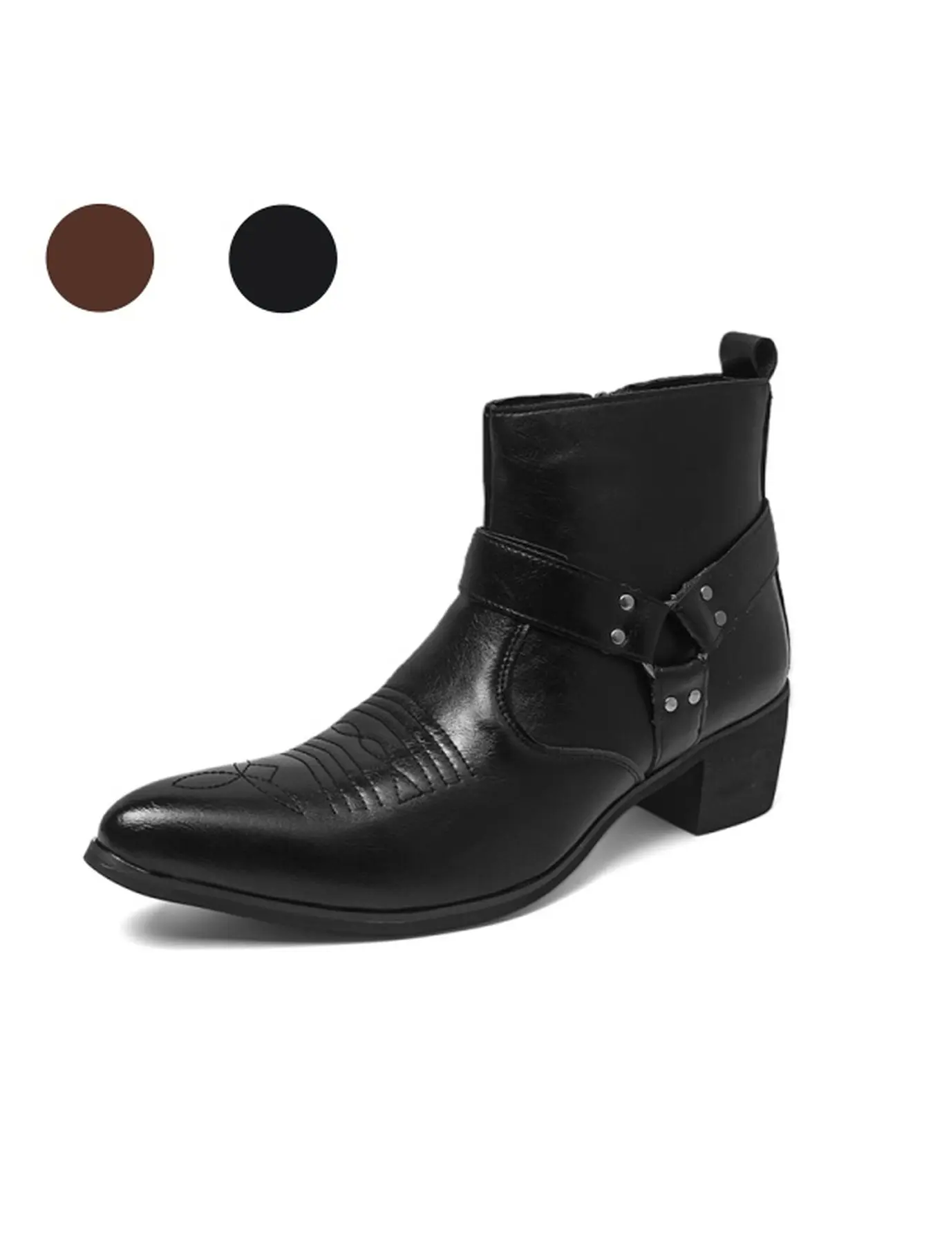 Men Glossy Brown Point Toe Classic Ankle Boots Rivet Cross Strap Ornament Side Zipper Low Block Heel Soft Padded Insole Daily Walking Business Footwear