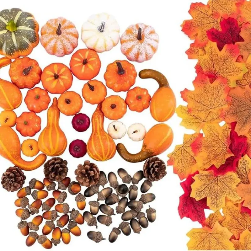 180-piece artificial imitation pumpkin autumn decoration set, autumn artificial maple leaves, pumpkins, pinecones combination, suitable for Thanksgiving home decoration, table setting and Halloween party decoration