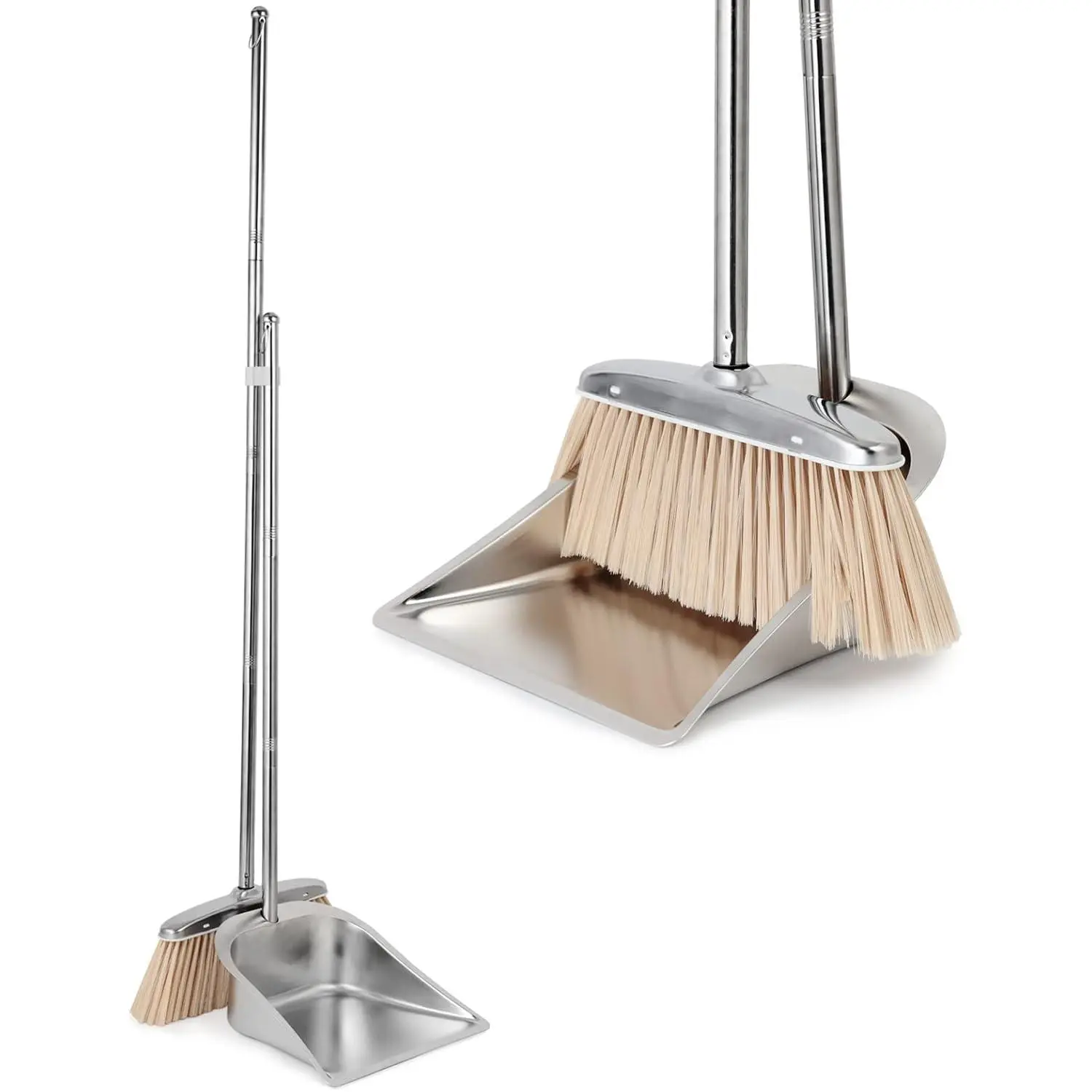 Broom and Dustpan Set for Home, Stainless Steel Broom and Dustpan Set with Long Handle, Heavy Duty Dustpan Broom Set Standing Dust Pan Kitchen and Home Indoor Outdoor Broom