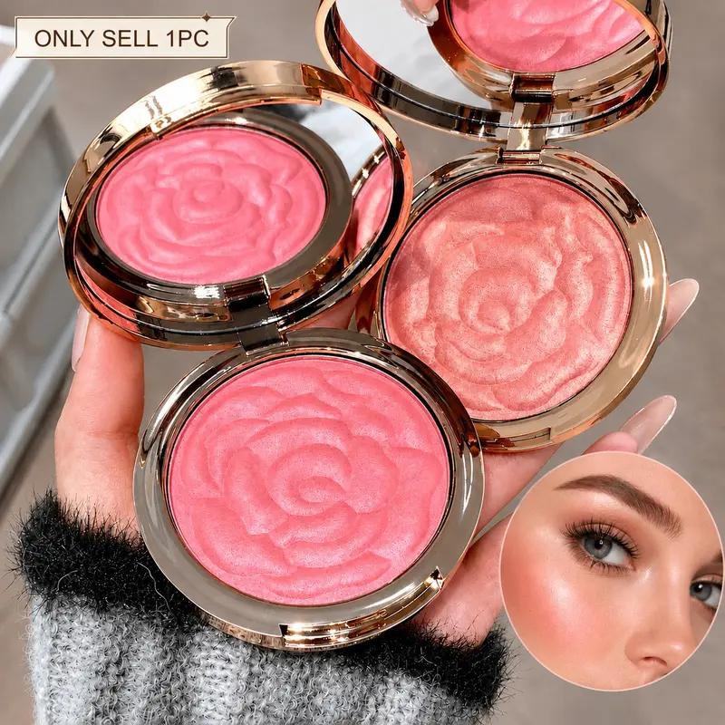 Rose Petal Radiant Highlighter Blush Powder, Long-Lasting Shimmer Sculpted Cheek Color, Ambient Glow, Makeup Beauty Cosmetics