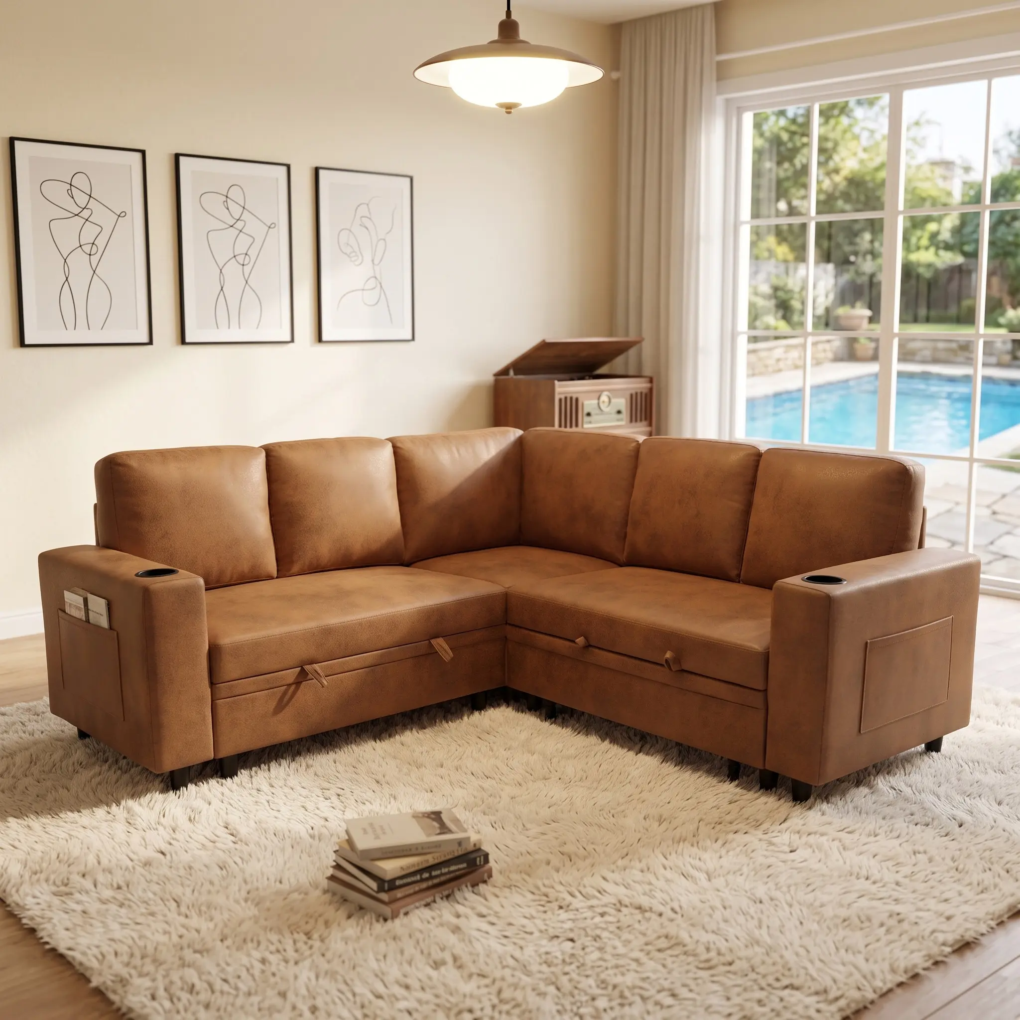 ARCH Convertible L-Shape Sectional Sofa Bed with Pull Out Sleeper & Storage, Mid-Century Modern Corner Couch with Cup Holders & Side Pockets, Polyester Fabric Upholstered Wood Frame, Light Brown, for Living Room Primary Space, Light Brown Color Optio