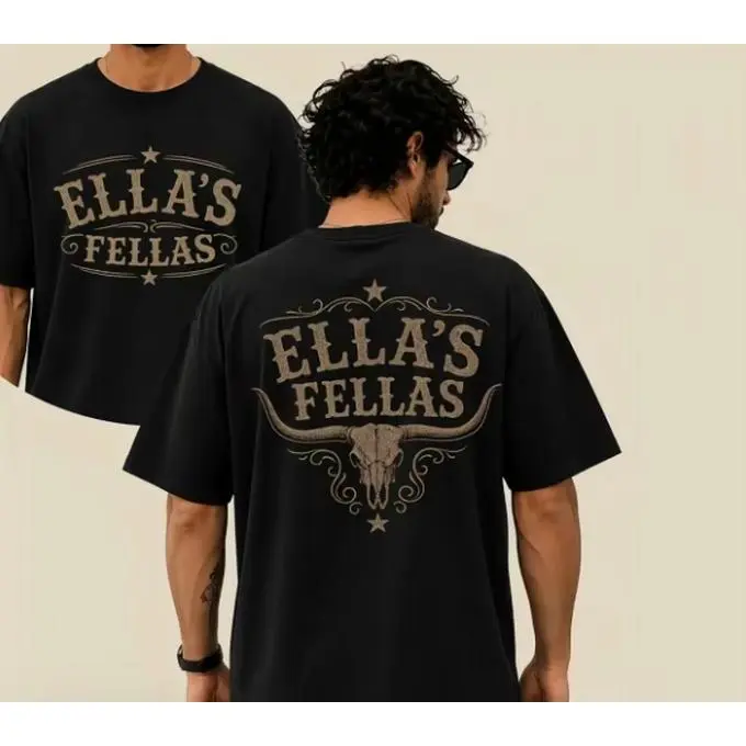 Ella's Fellas Longhorn Skull Western Two Sided Front Back Vintage Cowboy Graphic Short Sleeve T-Shirt, Unisex Summer Labor Day Country Western Casual Tops, 100% Pure Cotton Printed Craft Summervibes Tee, Soft Breathable Relaxed Fit everyday outfits