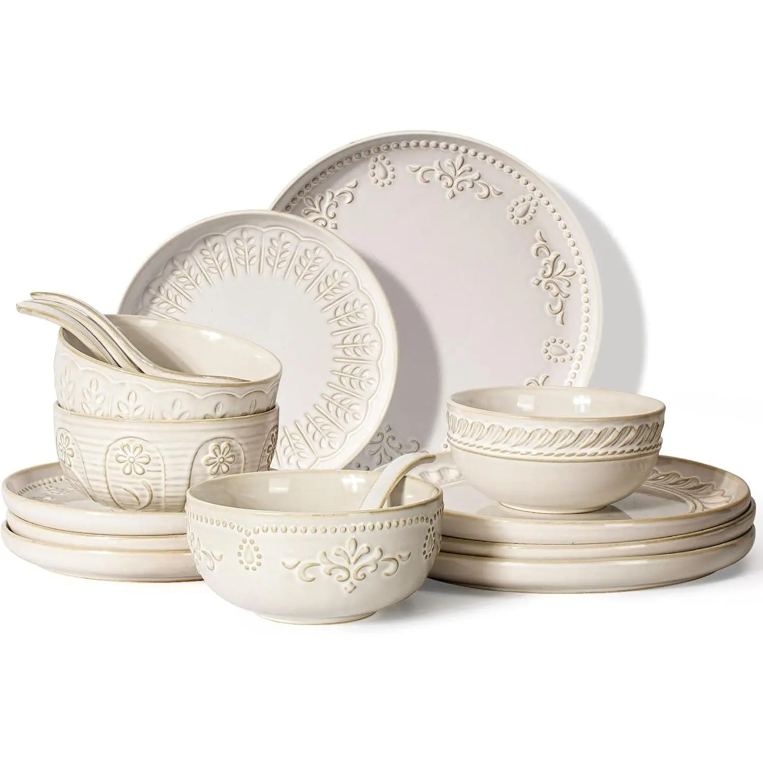 Plates And Bowls Sets, 16 count Dinnerware Sets, Dish Set For 4, Ceramic Kitchen Bowl And Plate Set, Embossed White Dishware Sets, Dishwasher & Microwave Safe (Multiple Patterns)