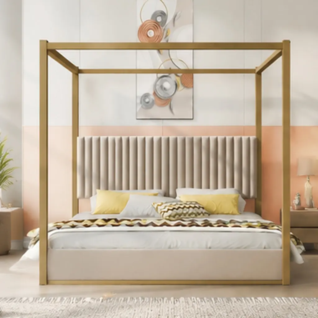 ARCH King Size Upholstered Canopy Bed Frame - Velvet Headboard, Metal Slats Support, No Box Spring Needed, Beige Velvet Upholstery, 79.3Wx83Dx77.7H In, Bedroom Combo Item, King Size Bed Frame