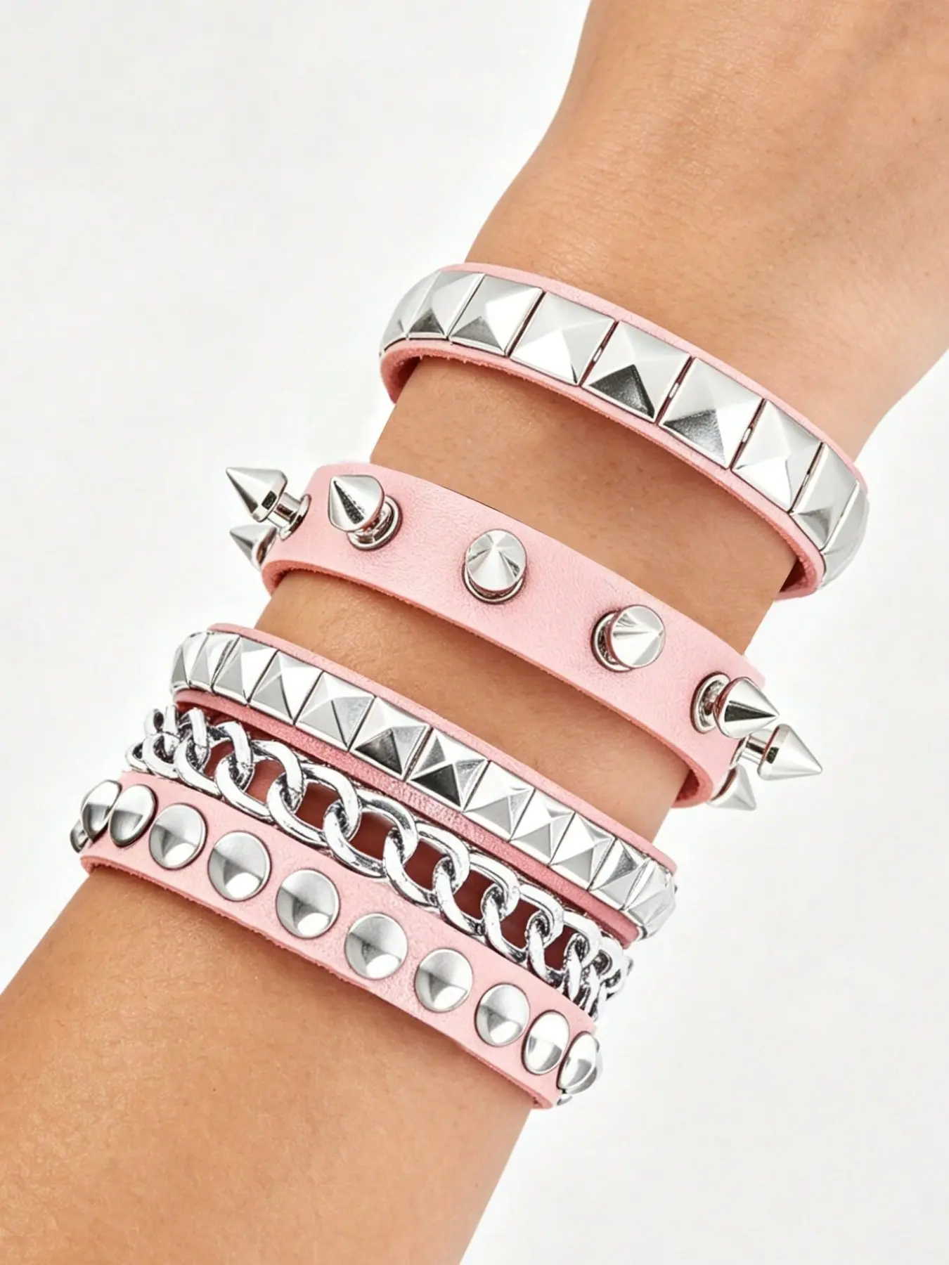 Punk Studded Leather Bracelet Set for Women, Y2K Gothic Rock Style, Adjustable Snap Bracelets, Cone Spike Pyramid Rivet Design, Cuff Bangles