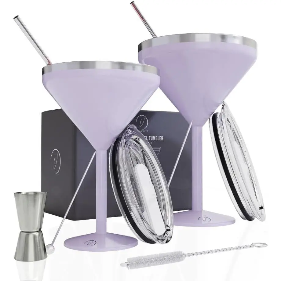 Insulated Martini Glass Set of 2 – 8 oz Stainless Steel Unbreakable  Glasses, Stemless Double Wall Cups with , Straws & Picks - Birthday  for Women, Mom, Her - Lilac
