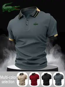 Men's Crocodile Print Button Down Shirt, Elastic Casual Breathable Four Seasons Comfortable Durable High-End Polo Top