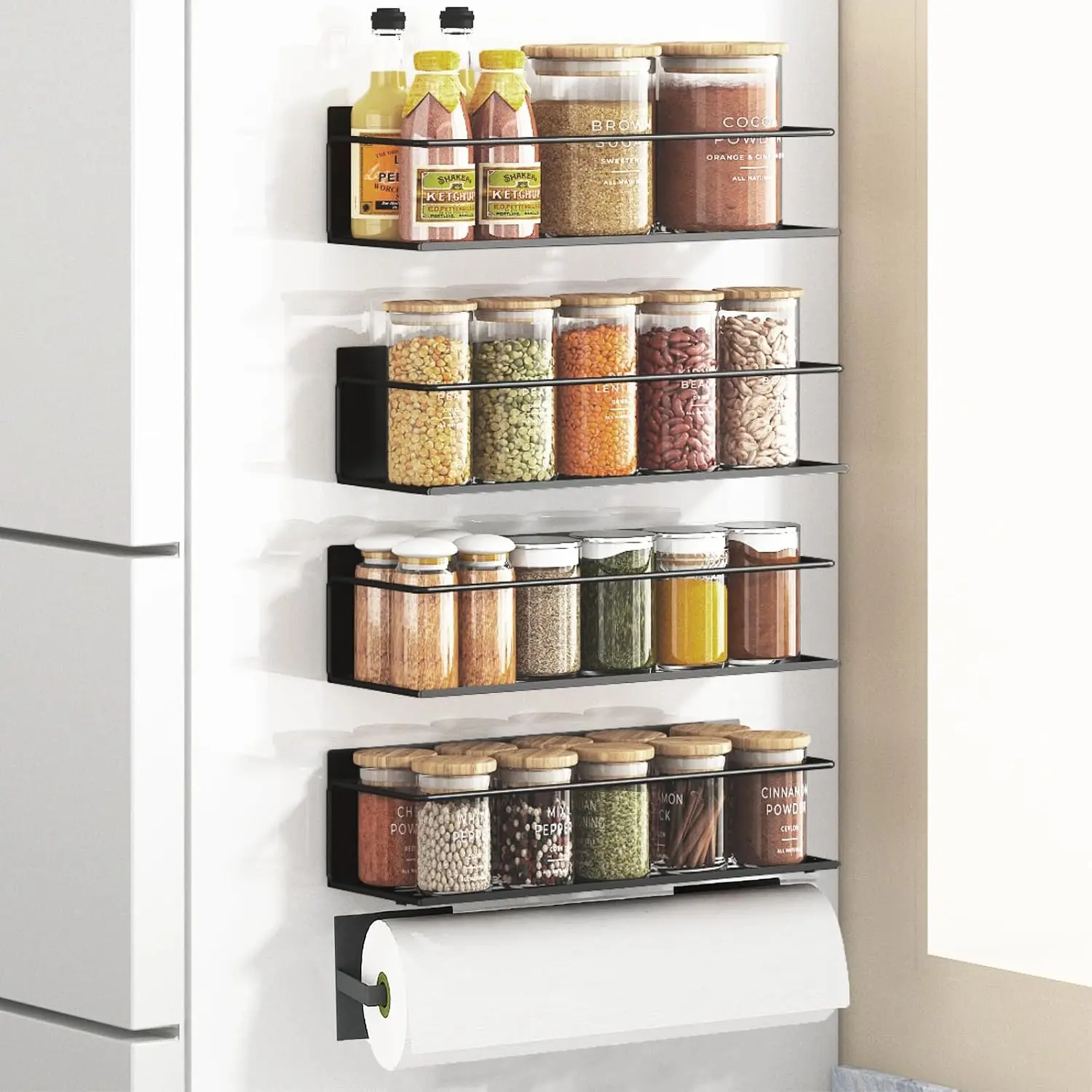 Rack For Refrigerator,  Fridge Shelf For Kitchen,  Shelf For Fridge Space Saving Black 4 Pack With  Paper Towel Holder