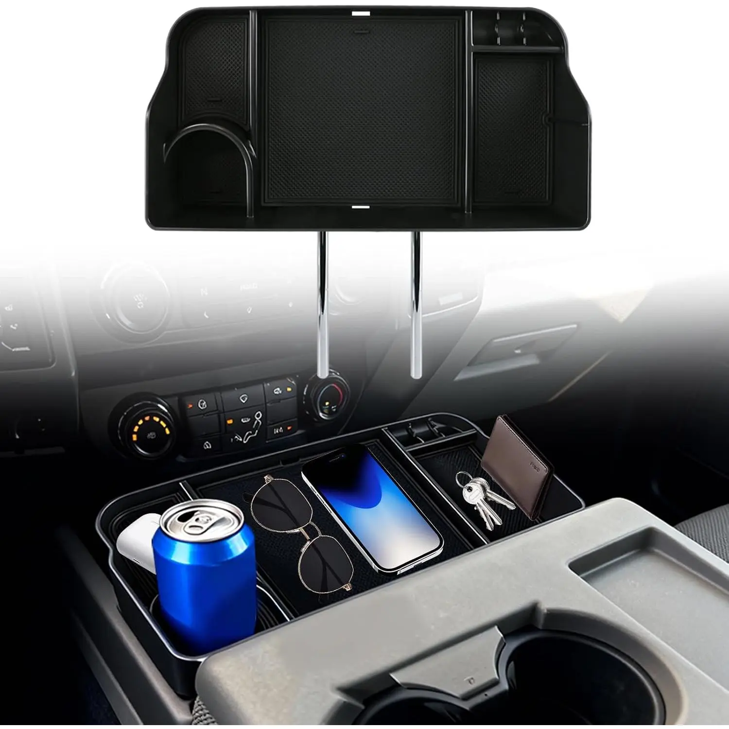 Jump Seat Front Seat Headrest Organizer for 2011-2026 Ford F150-F650 Super Duty Accessories- Truck Interior Storage Tray with Deep Cup Holder, Cable Hole, Non-Slip Silicone Mat & Coin Container