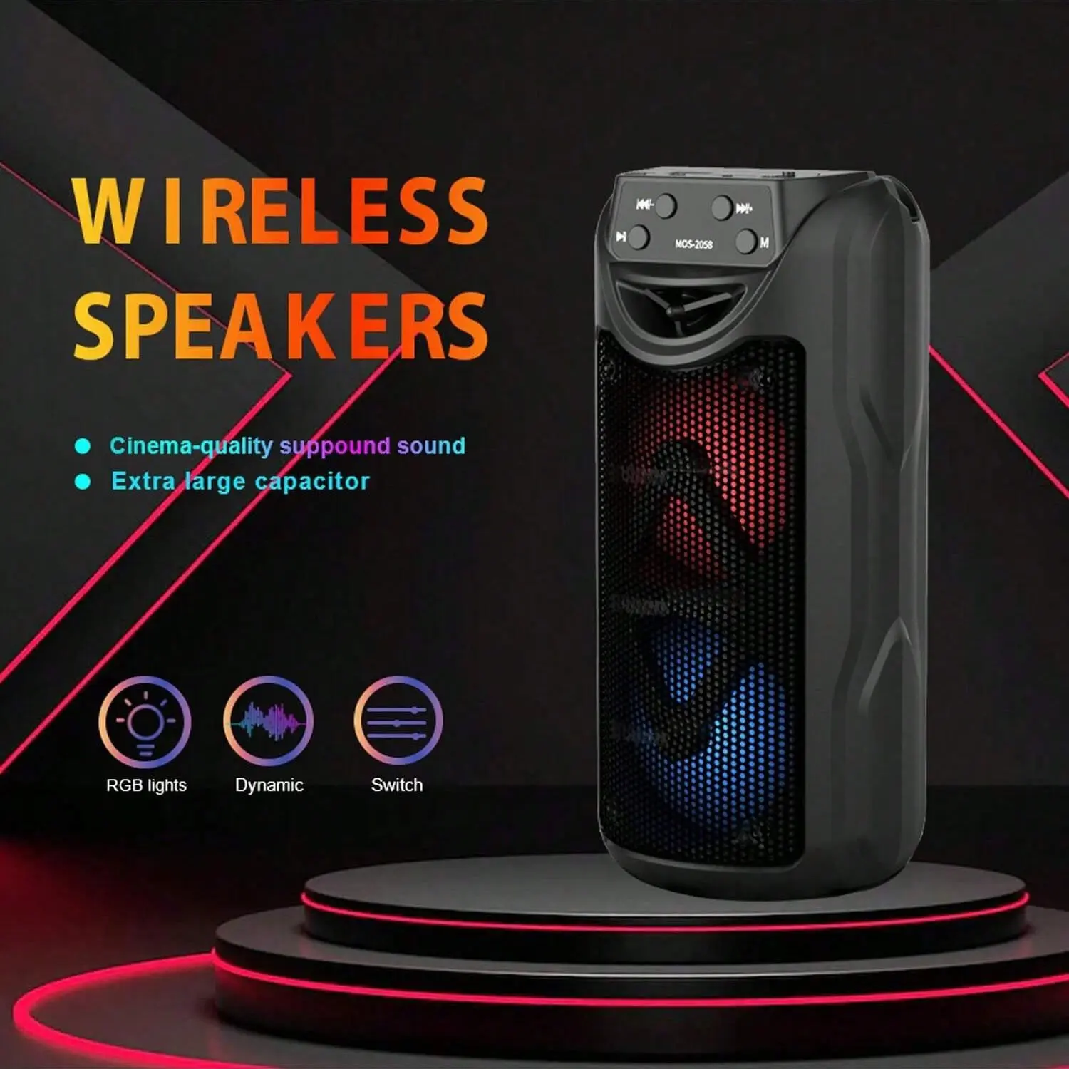 MOS-2058 Portable Bluetooth Speaker with RGB Ambience Light Outdoor Wireless Stereo Dual Speaker System for Bedroom/Living Room/Parties/Outdoor Camping