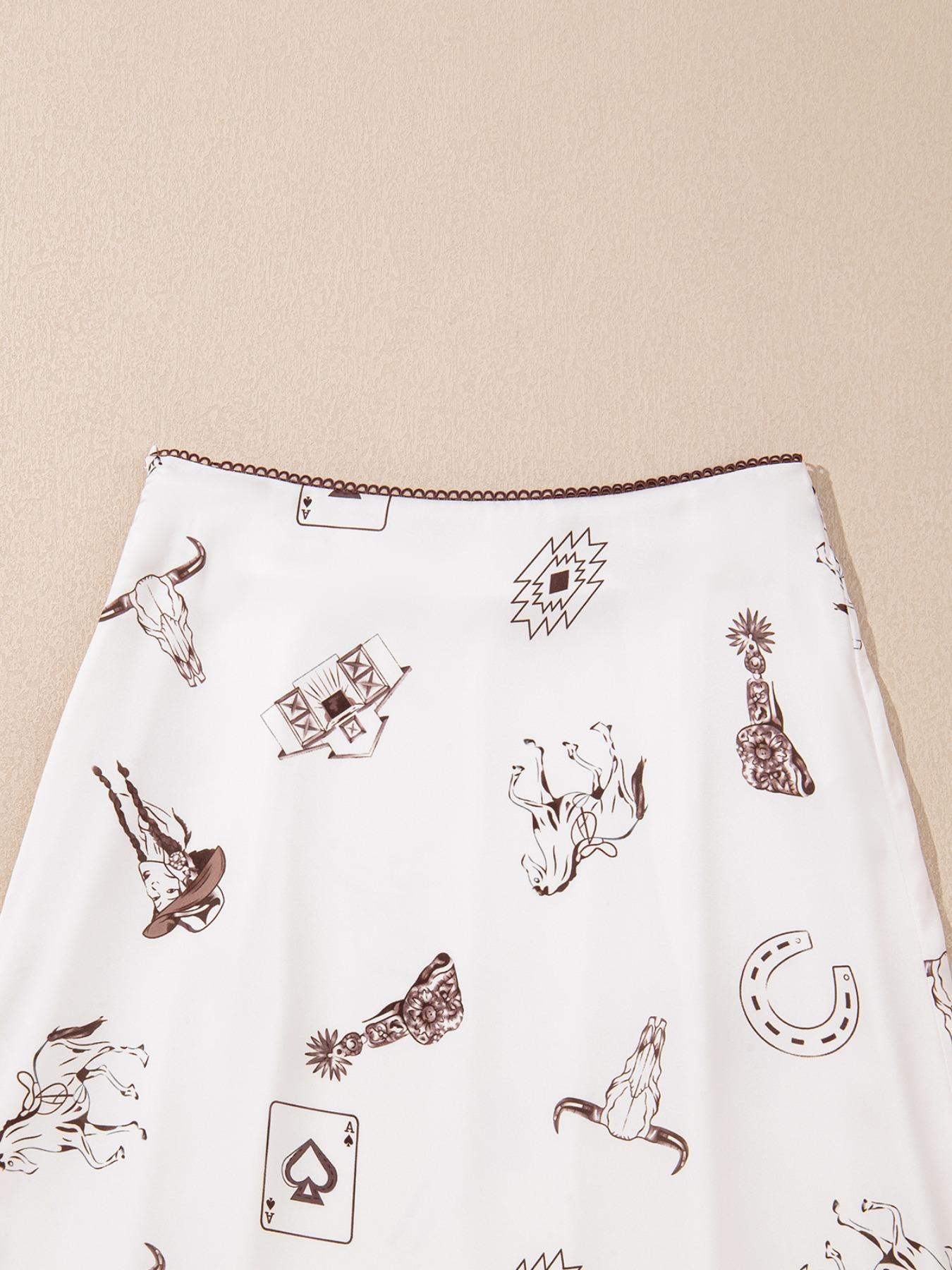 Women's Casual Western Style Satin Long Skirt, High-Waisted Fitted Print Design, All-Season Wearable, Perfect for Vacation & Daily