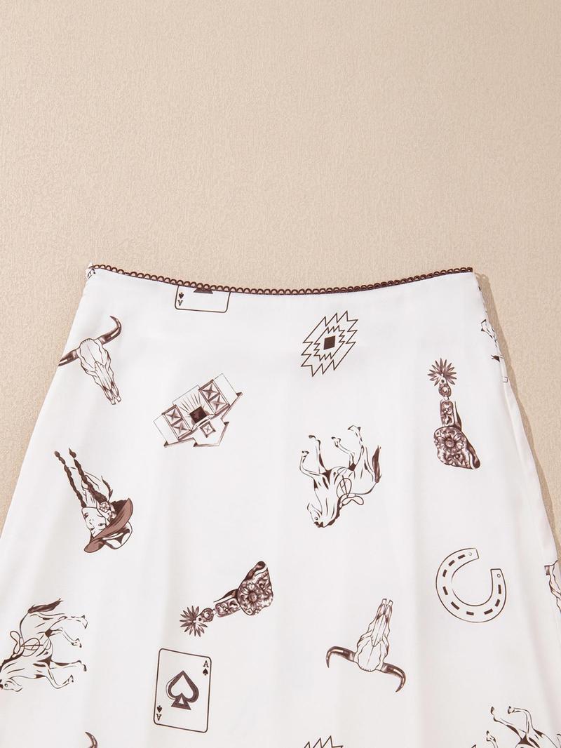 Women's Casual Western Style Satin Long Skirt, High-Waisted Fitted Print Design, All-Season Wearable, Perfect for Vacation & Daily
