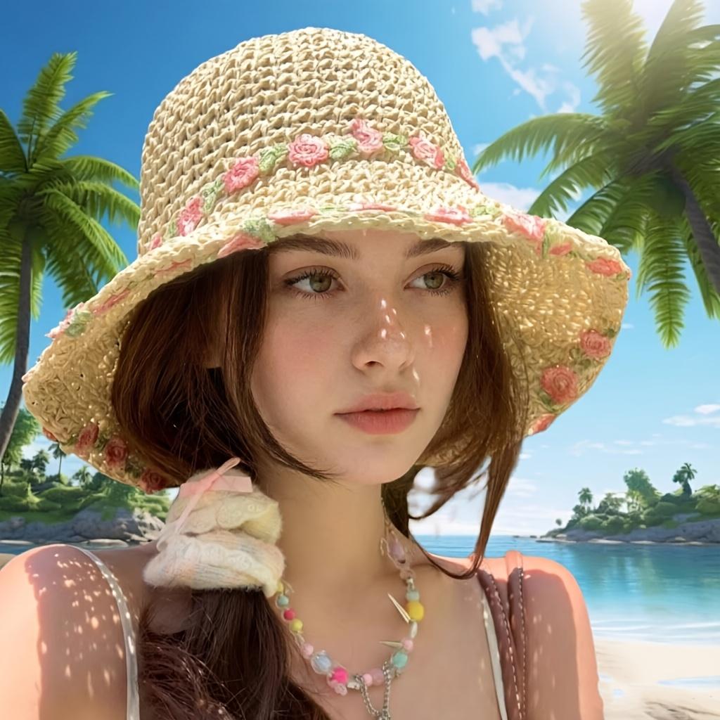 Women's Fashion Summer Floral Straw Hat - Purely hand-woven, light and breathable foldable beach hat with floral embellishments, perfect for casual wear, travel and outdoor activities, the ideal wide-brimmed summer hat gift for women
