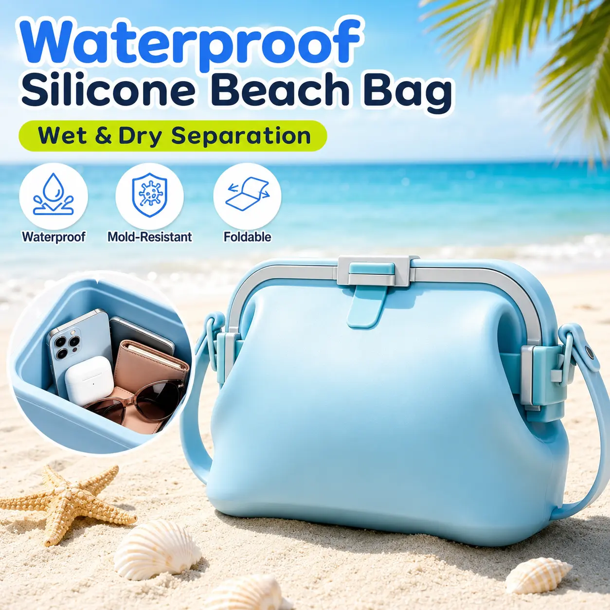 Women Summer Silicone Handbag, Waterproof Foldable Transparent Crystal Top-Handle Bag for Lunches