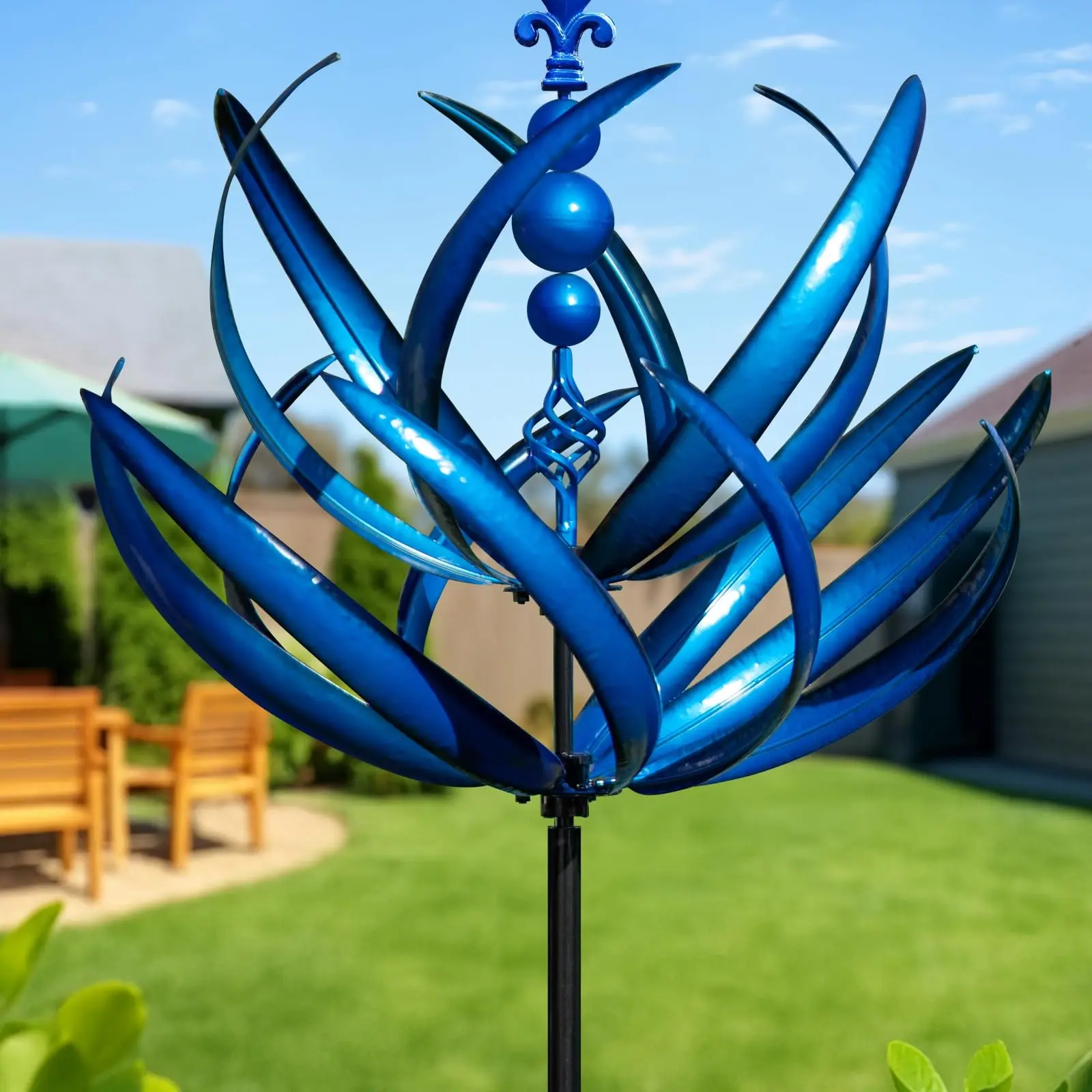 35.4" Blue Metal Wind Spinner with Stake, 90cm Kinetic Sculpture Windmill, Outdoor Yard Garden Lawn Decor, Weatherproof Rotating Wind Art Ornament, Artistic Flair