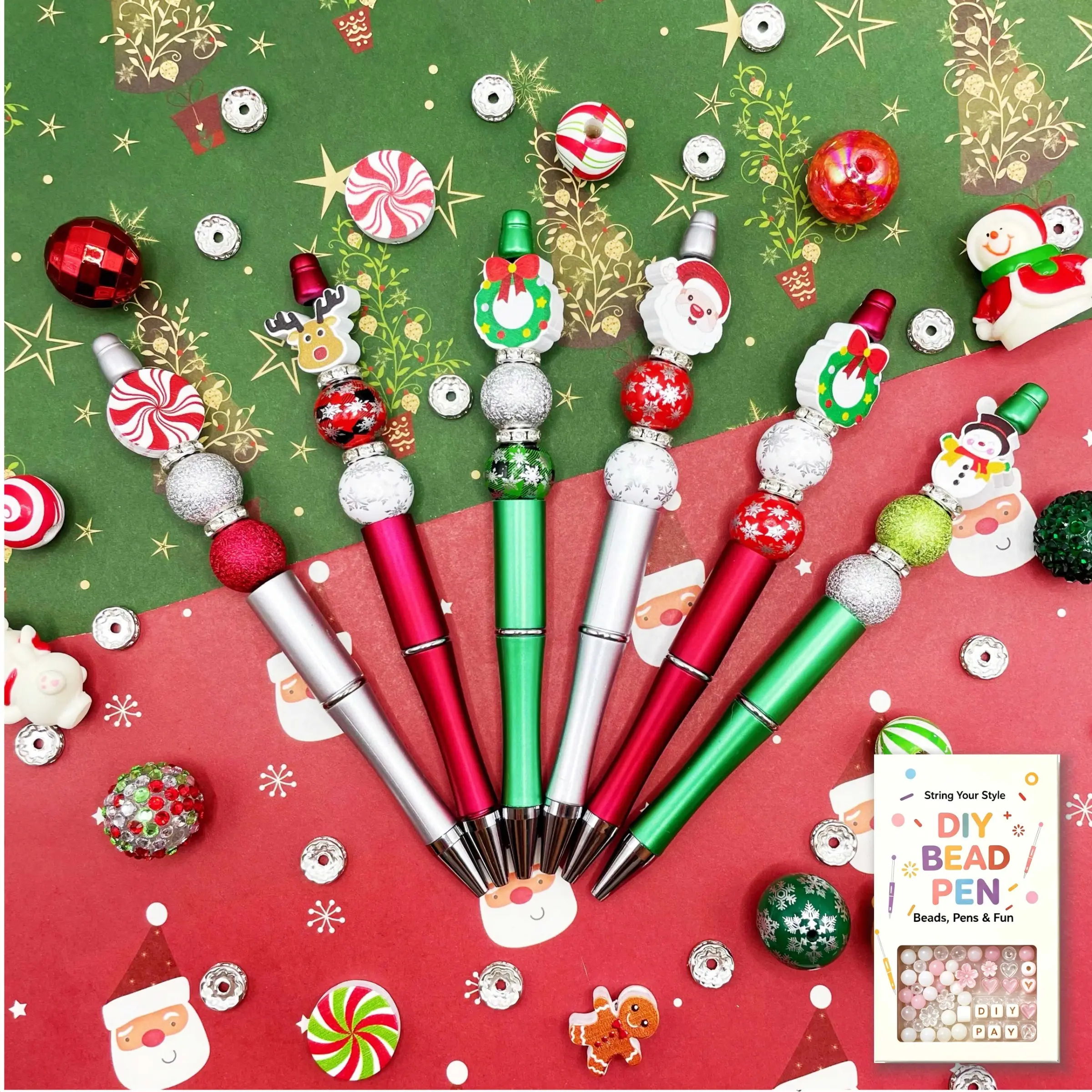 6 Pack Christmas Reindeer Snowman Santa DIY Beadable Pen Gift Box Set, Complete Beaded Ballpoint Pen Craft Kit with All Xmas Beads, Spacer Beads, Wreath Gingerbread Charms & Chain Accessories, Xmas Holiday Party Favor Gifts for Women Teens Office School S
