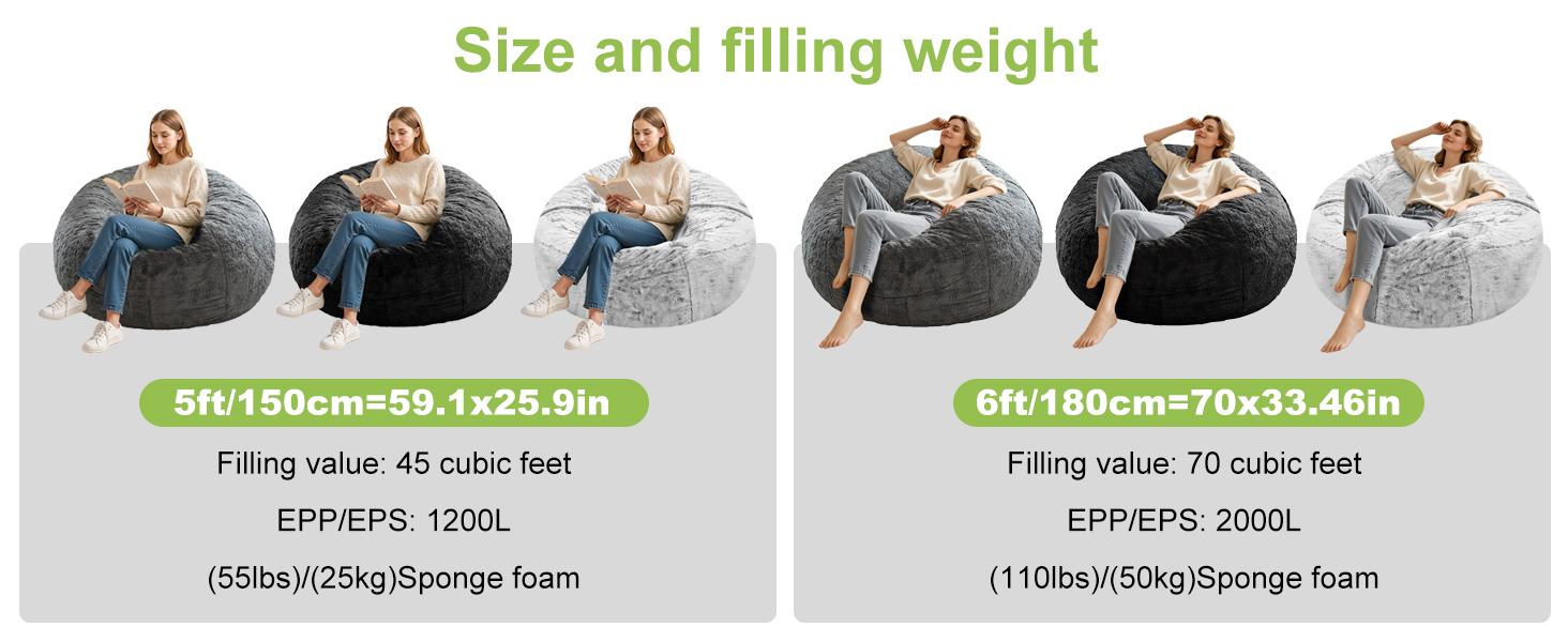 (No Filler Bean Bag Chair Cover Without Filler,Big Round Soft Fluffy PV Velvet Washable Bean Bag Lazy Sofa Bed Cover for Adults,Living Room Bedroom Furniture Outside,5ft Dark Grey