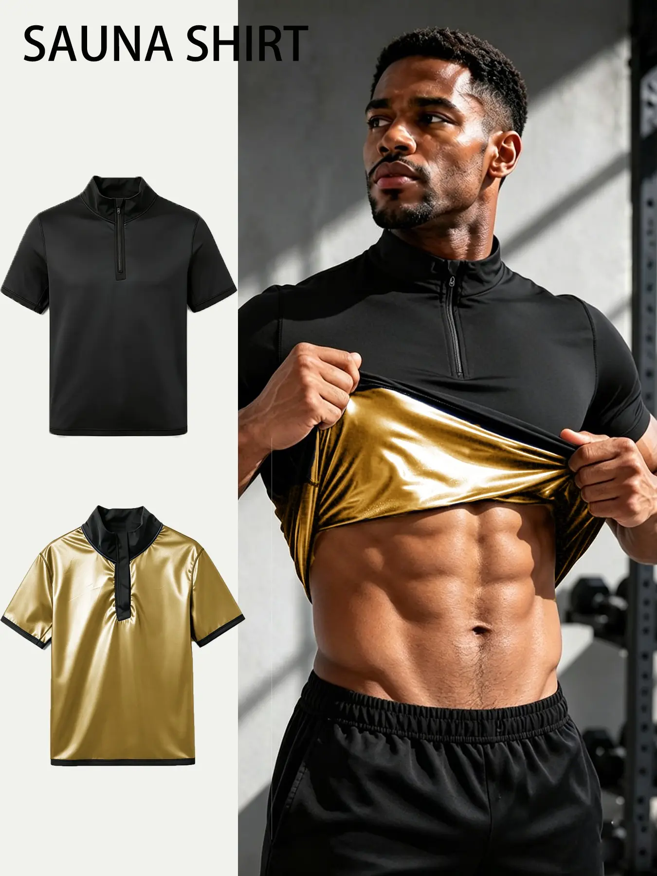 Men Half Zip Sauna Short Sleeve Shirts, Stand Collar Workout Top, Inner Sauna Coating, Sweat Gym Fitness Sauna Shirt, Casual Slim Fit