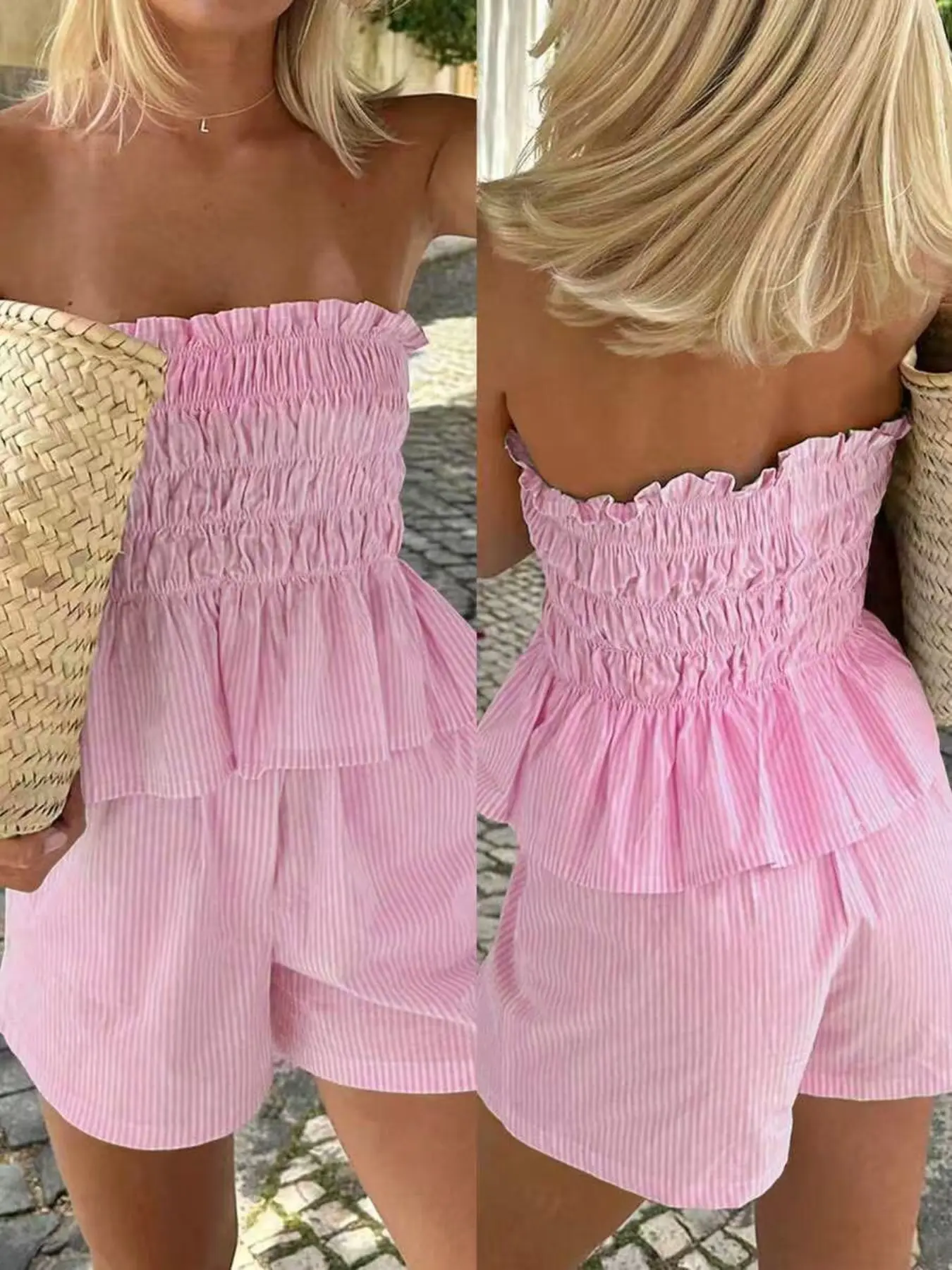 Women's Hawaiian Bohemian Tropical Beach Vacation 2-Piece Set, Shorts Outfit Set, Striped Ruffle Halter Top and Shorts, Perfect for Dates, Afternoon Tea, Holidays, Music Festivals, Christmas Summer Clothes