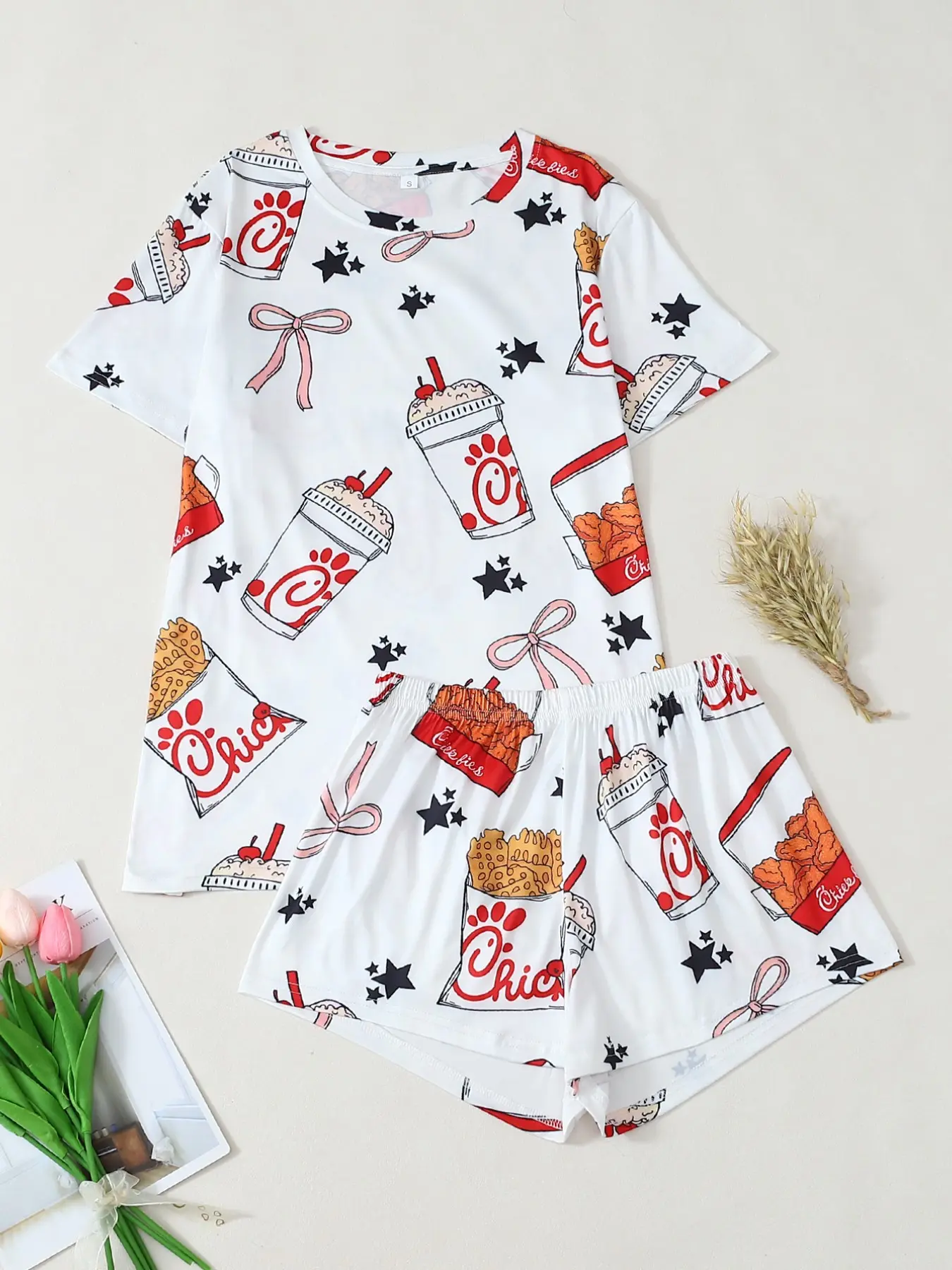 2-Piece Round Neck Chicken Print Pajama Set, Comfortable and Fashionable Sleepwear, Perfect Gift for Her Dreamy Nights