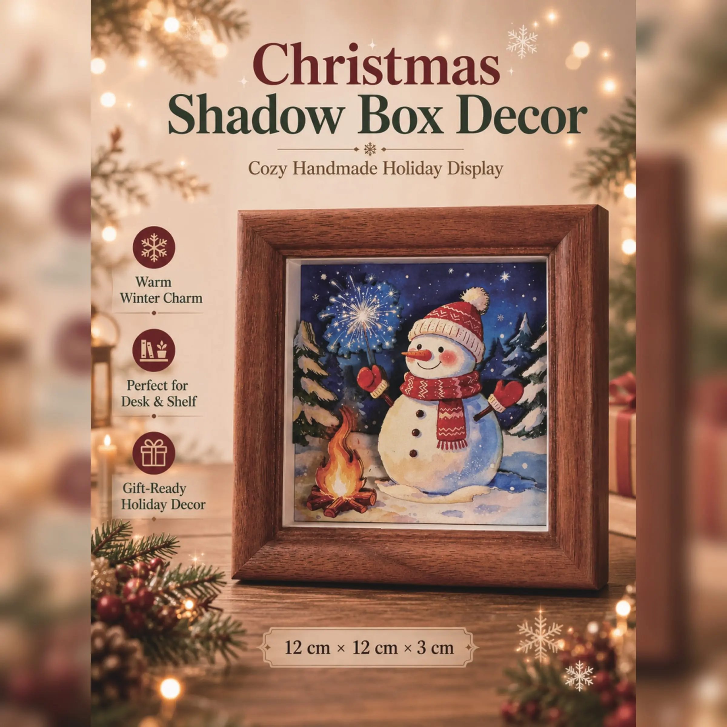 Winter Night Snowman Fireworks Frame, Wood Grain 12cm Christmas Decorative Picture Frame, Desktop Home Gift Ornament