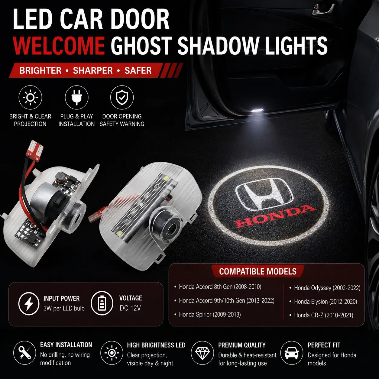2PCS LED Car Door Welcome Ghost Shadow Lights for Honda, HD Logo Projector Puddle Lamps, 3W DC12V Plug & Play Courtesy Door Lights, Fits Accord 2008-2022, Odyssey, Spirior, Elysion, CR-Z (Factory Door Lights Only)