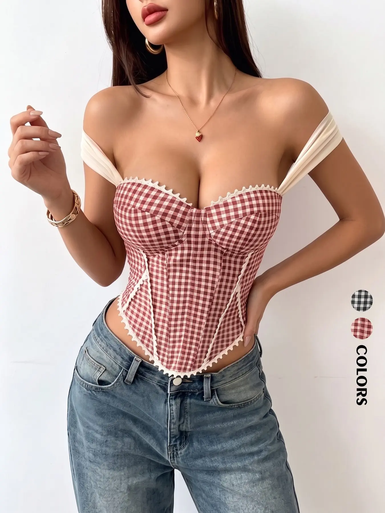 Women Summer Daily Innocent Allure Pastoral Style Plaid Scallop Bone Shaping Wide Strap Bustier Top Tight-fit Home City Street Beach Vacation Fresh Vintage Contouring Sugary Streamlined Vivid Exquisite Eye-catching Cami Top