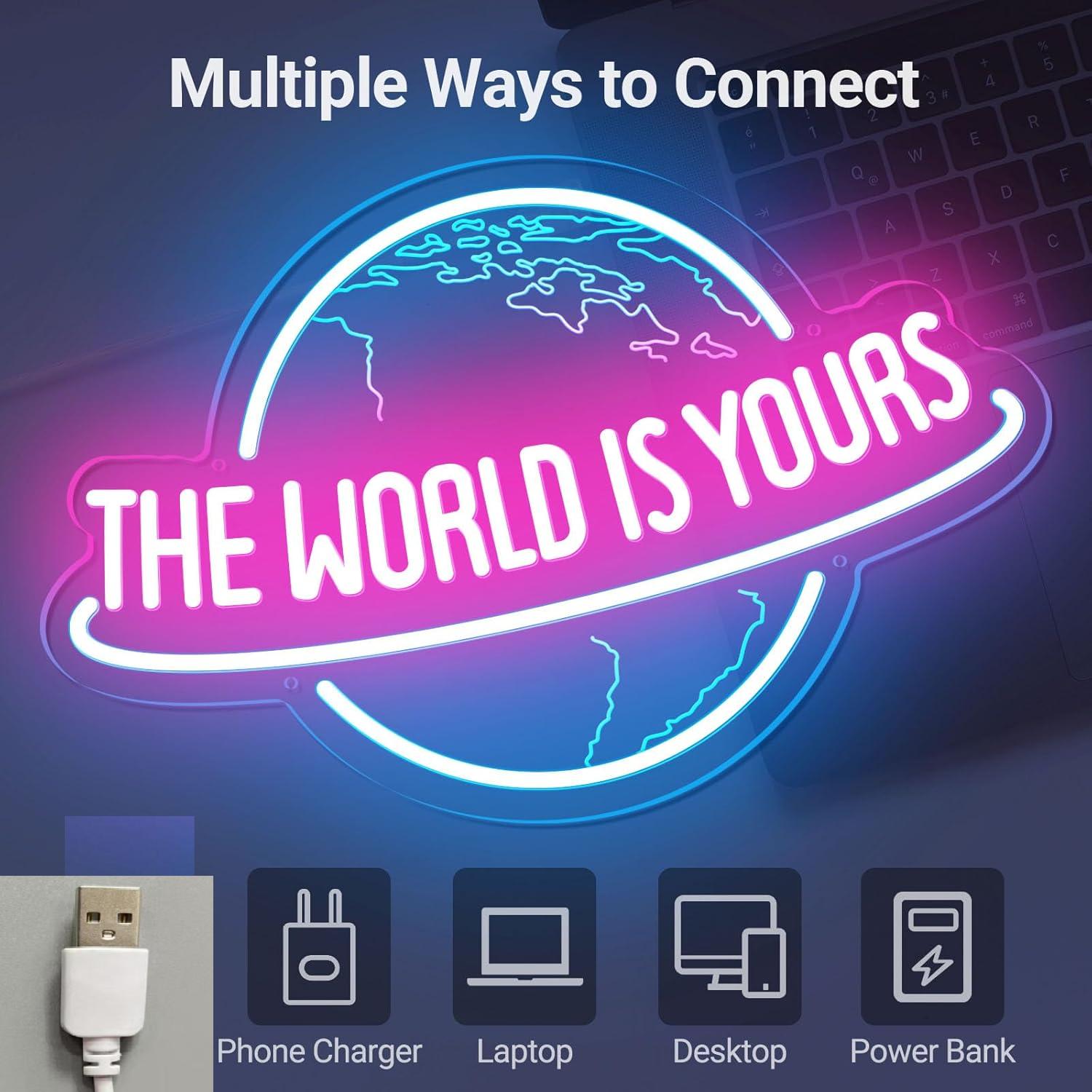 3D Neon Sign, USB Powered Neon Light, Decorative Neon Light, Neon Lamps, Creative World Is Yours Neon Sign, Wall Decor for Home Bedroom Living Room, Home Decor