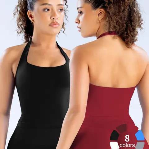1/2/3/4Pcs Women's Yoga Halter Neck Tank Top with Removable Pads, Stretchy Seamless Activewear, Three-Layer Seamless Backless Tank Tops Casual Solid Color Soft All Seasons Wear