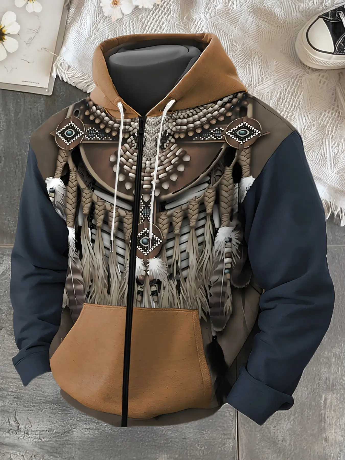 Men's Vintage Indian Tribe Style Hoodie, Rhinestone Feather Design, 3D Print, Colorblock, Loose Fit, Large Pockets, Casual Long Sleeve Jacket